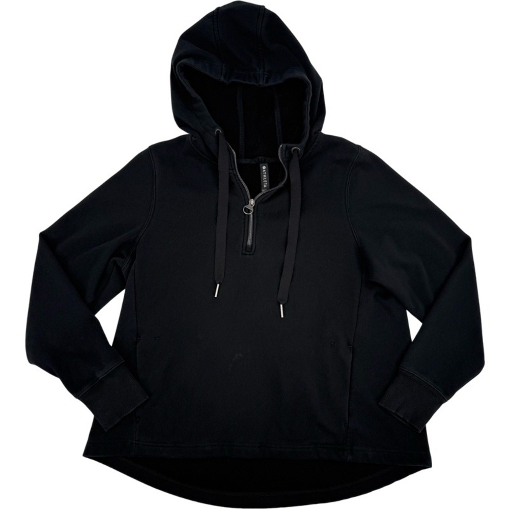 ATHLETA Large Cozy Karma Half Zip Hoodie Black Fleece High-Low Sporty Cozy *FLAW - Picture 2 of 13
